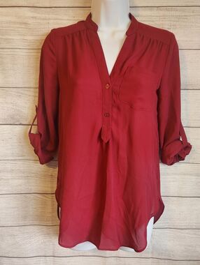 IZ Byer XS Red Sheer Blouse Roll Tab Sleeve Casual Chic Flowy Top